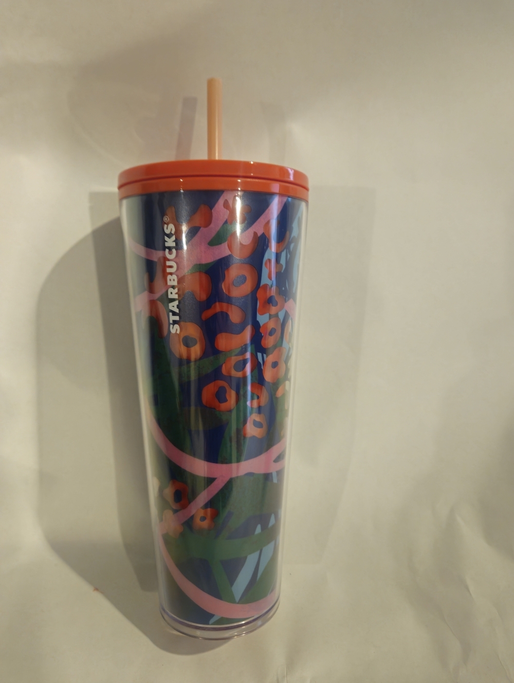Starbucks Blue Floral Print 24 Oz Tumbler with Lid And Straw